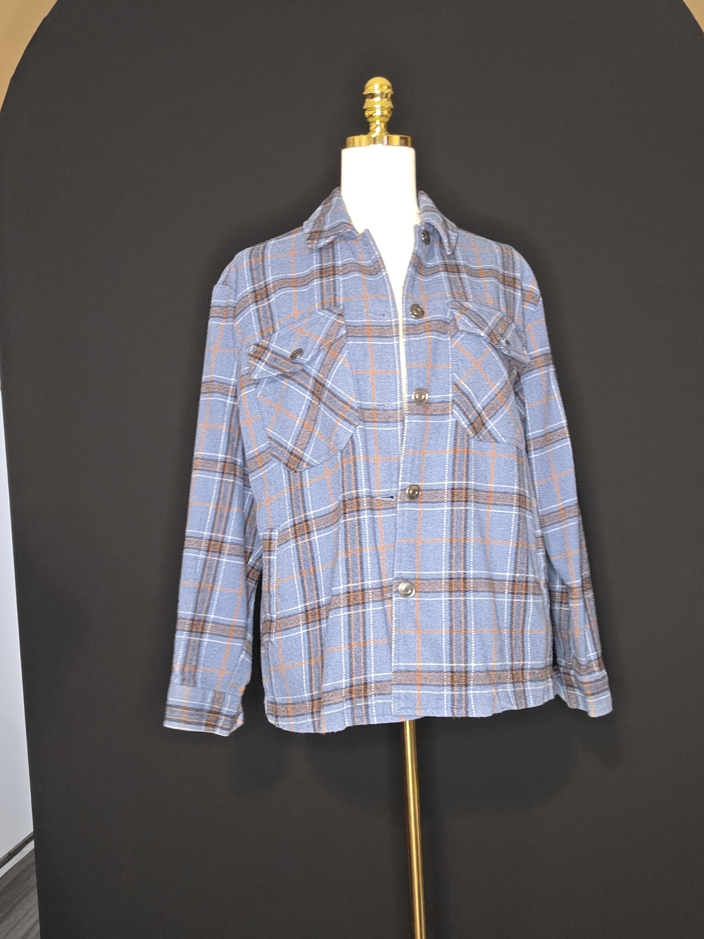 Velvet Heart Blue Plaid Utility Shacket with Brown Accents